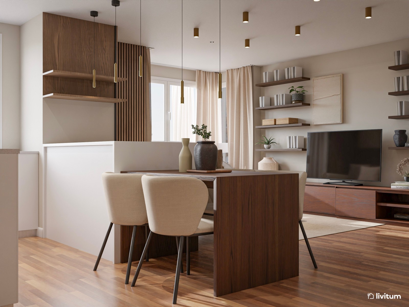 Salón clásico y elegante en madera oscura y muebles mid-century