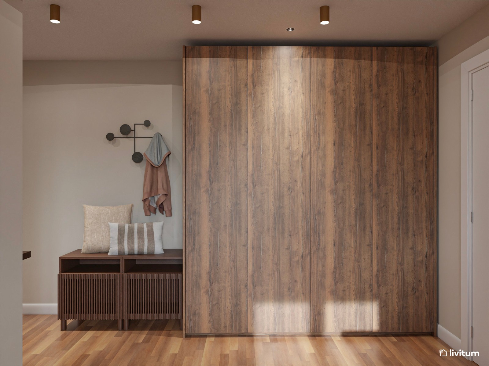 Salón clásico y elegante en madera oscura y muebles mid-century