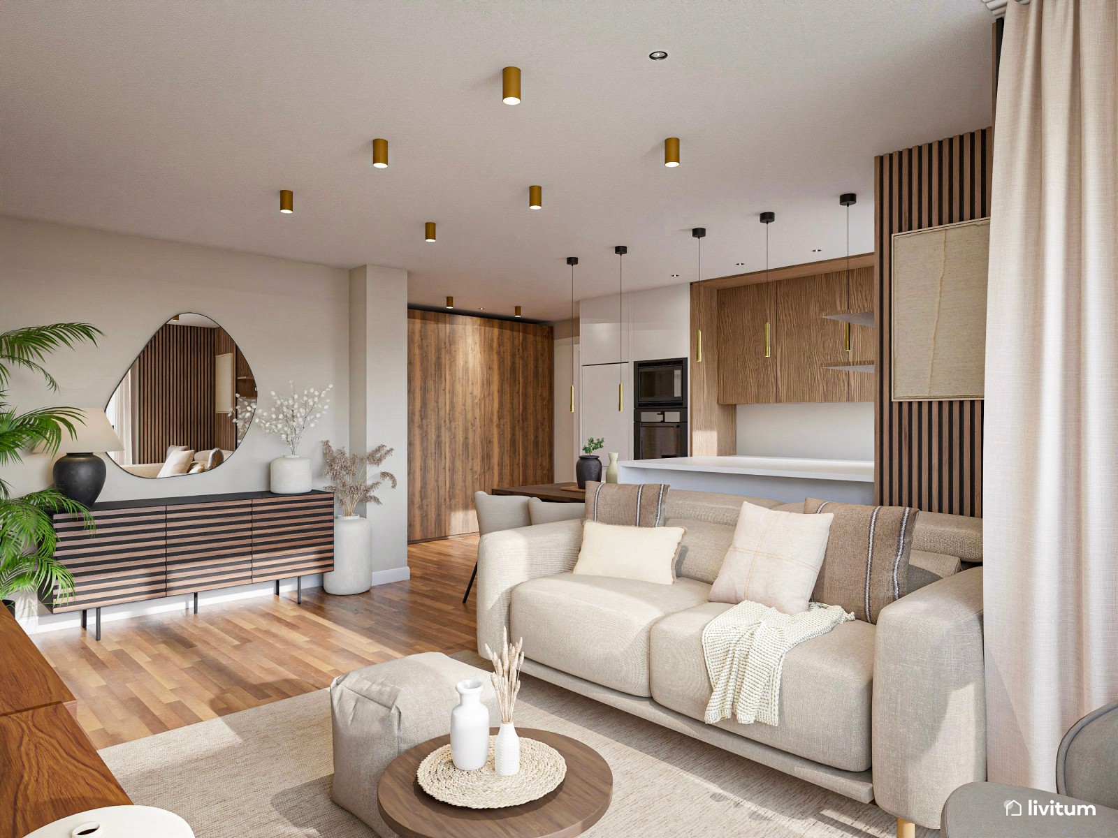 Salón clásico y elegante en madera oscura y muebles mid-century
