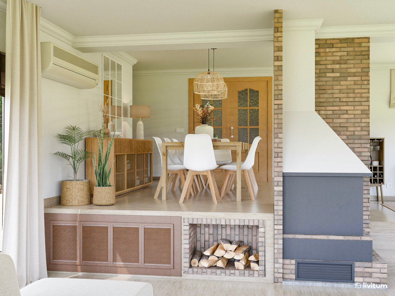 Salón comedor a dos niveles con chimenea