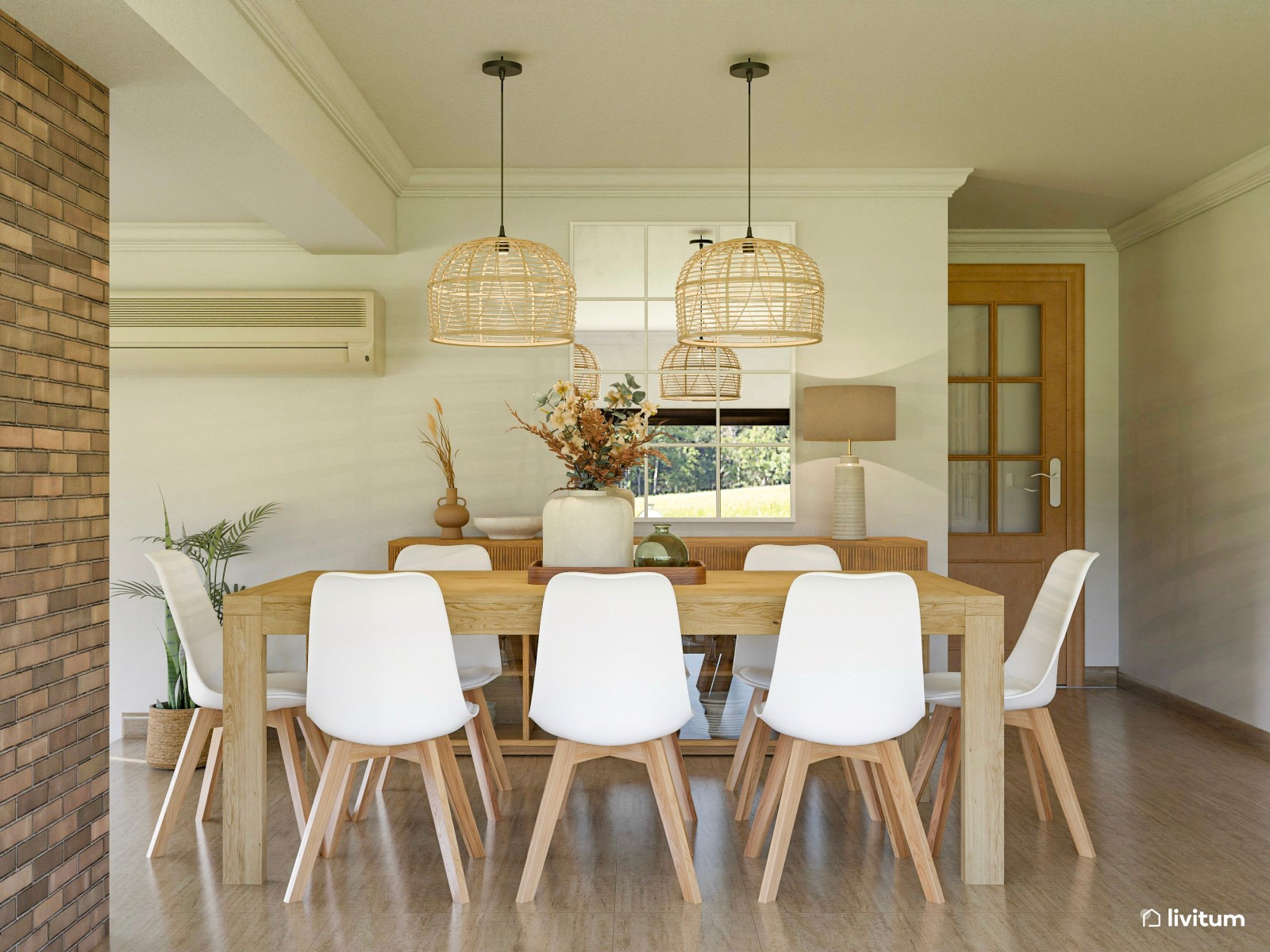 Salón comedor a dos niveles con chimenea