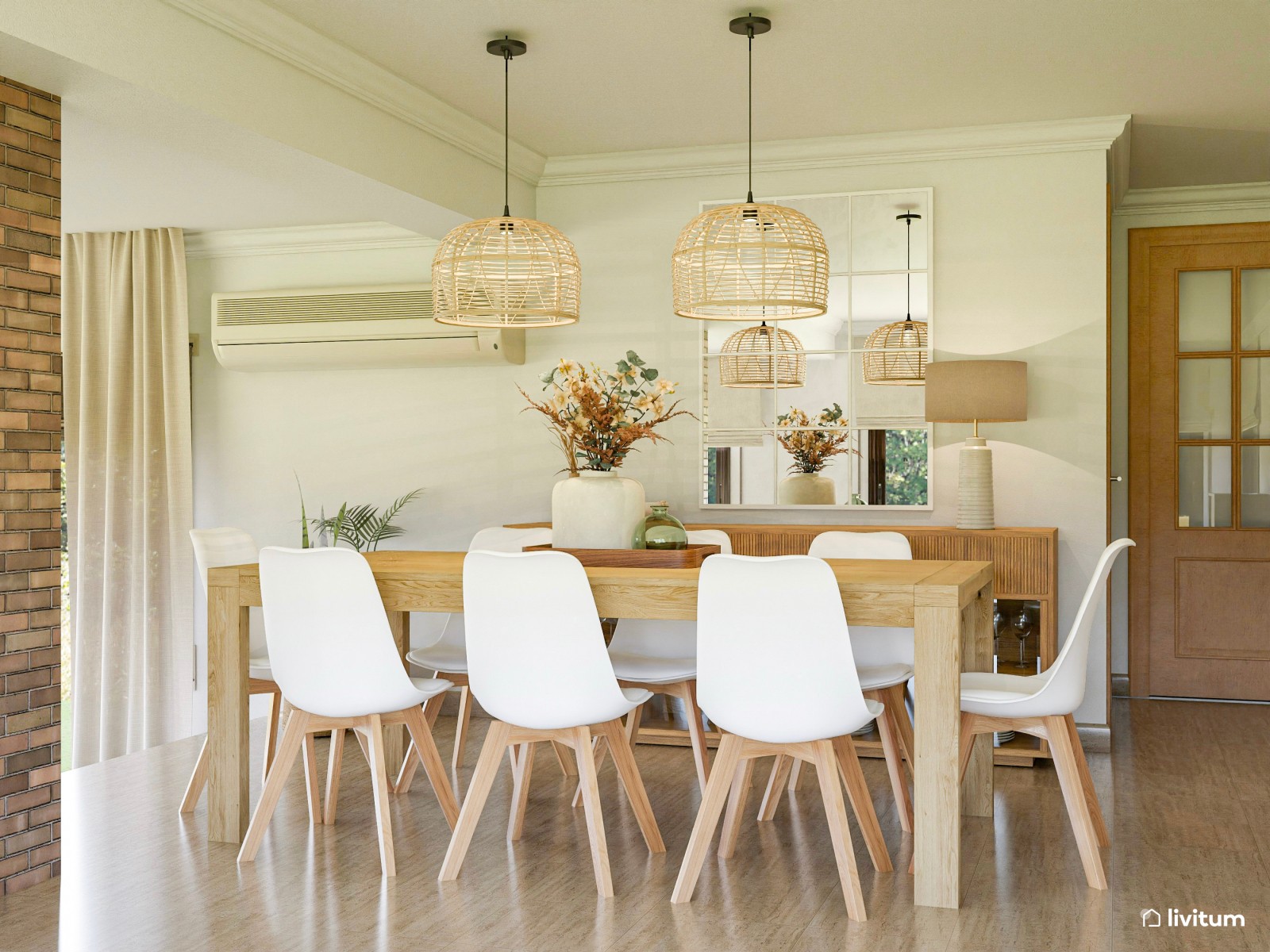 Salón comedor a dos niveles con chimenea