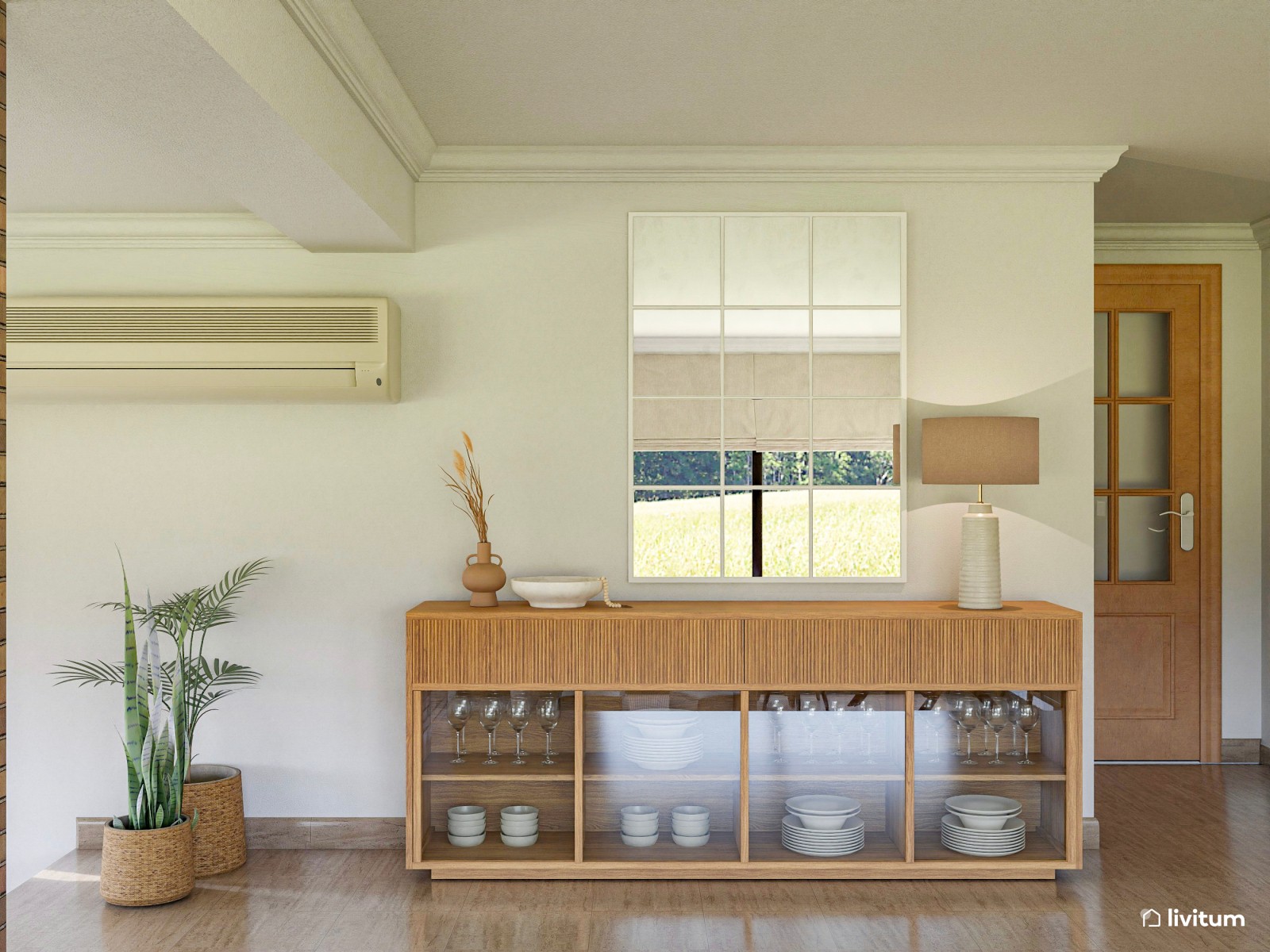 Salón comedor a dos niveles con chimenea