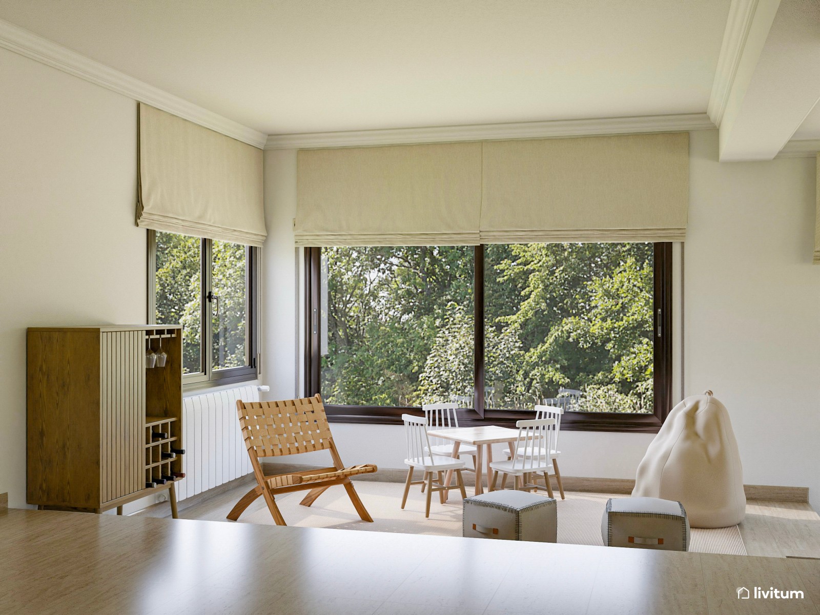 Salón comedor a dos niveles con chimenea