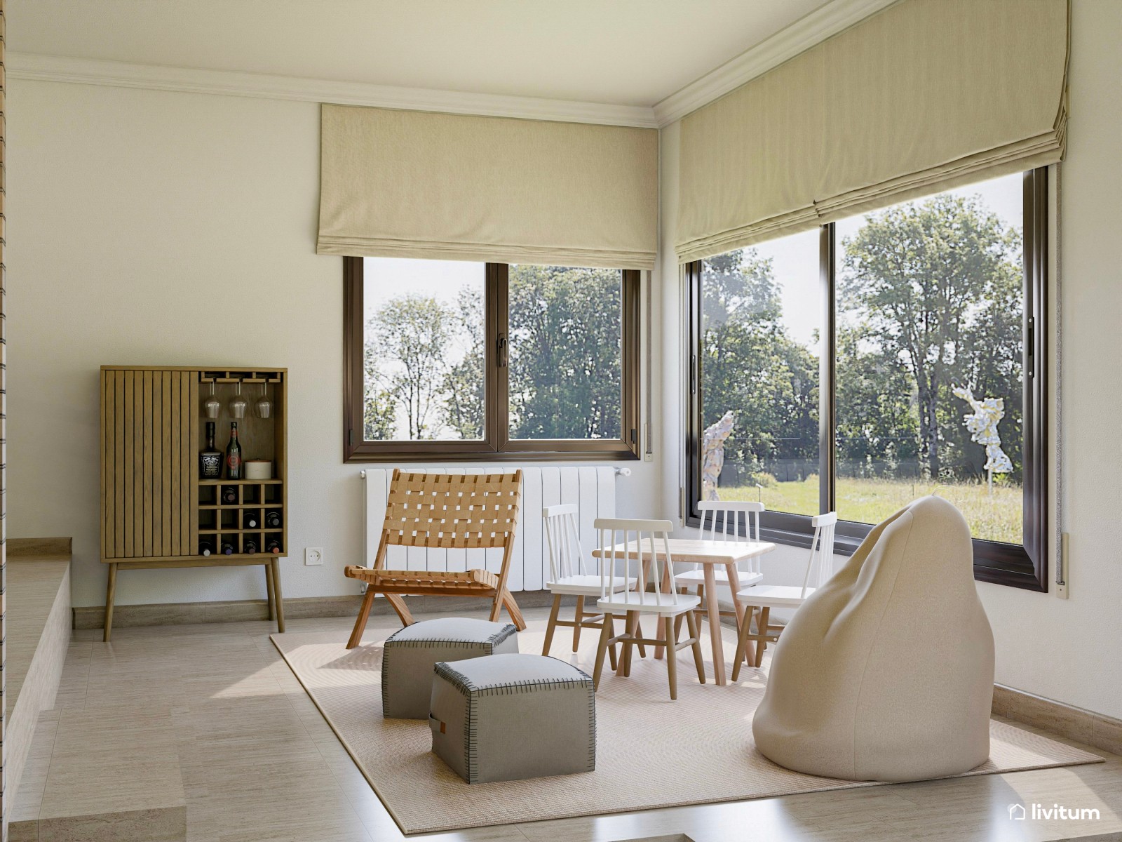 Salón comedor a dos niveles con chimenea