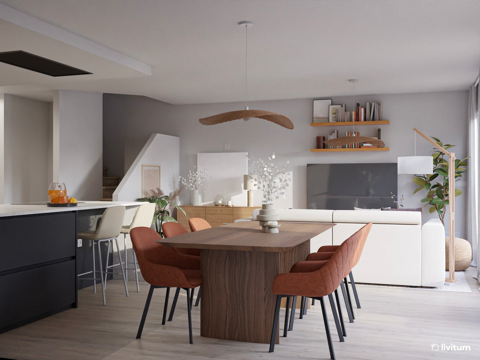 Salón comedor abierto con detalles en negro y terracota 