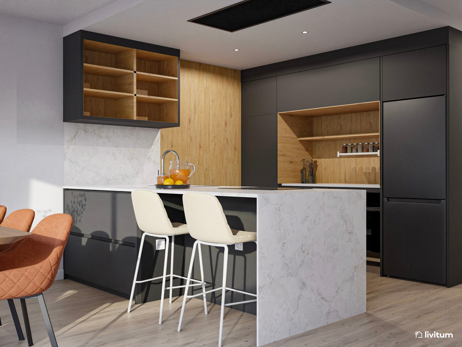 Salón comedor abierto con detalles en negro y terracota 