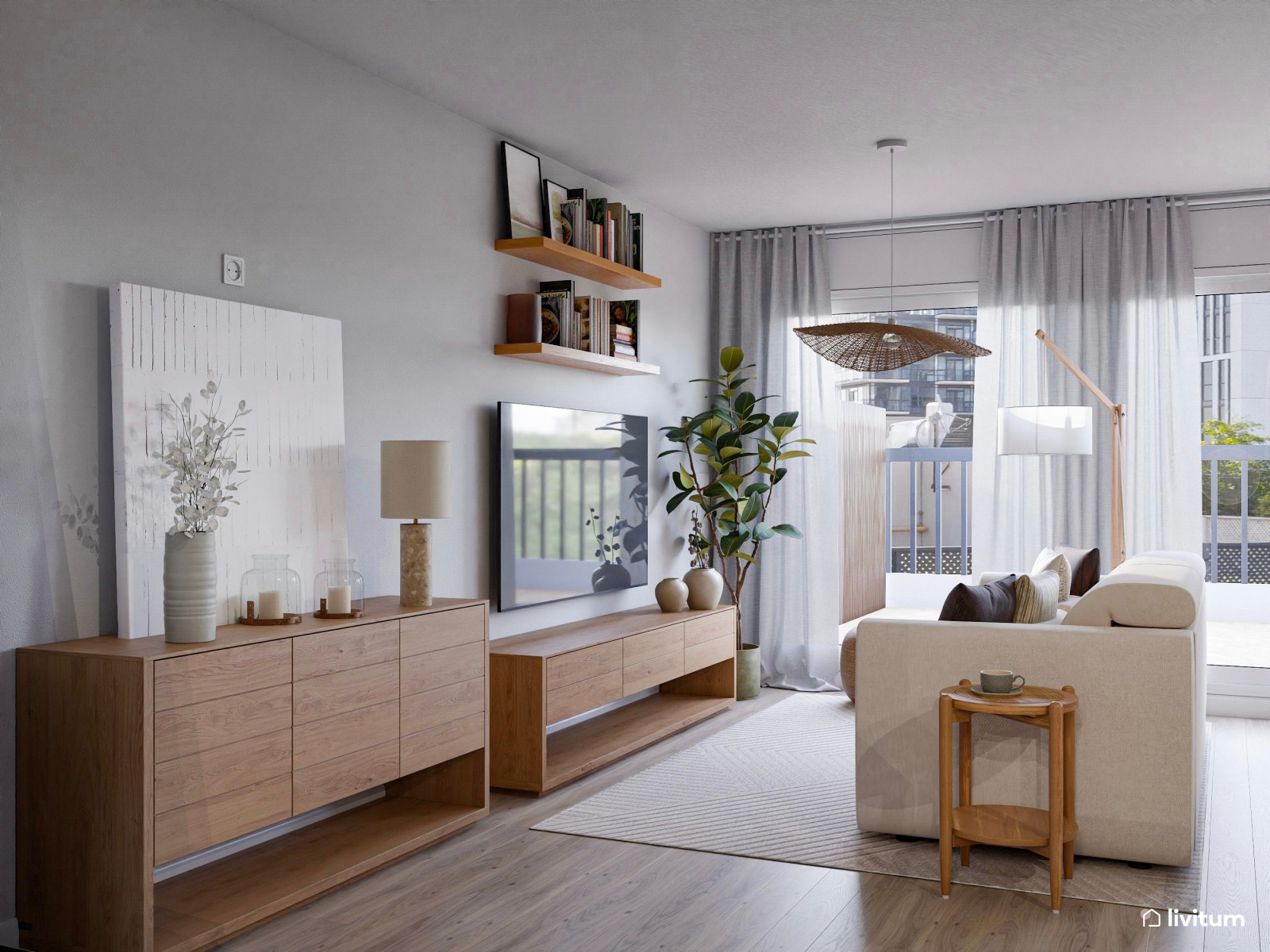 Salón comedor abierto con detalles en negro y terracota 