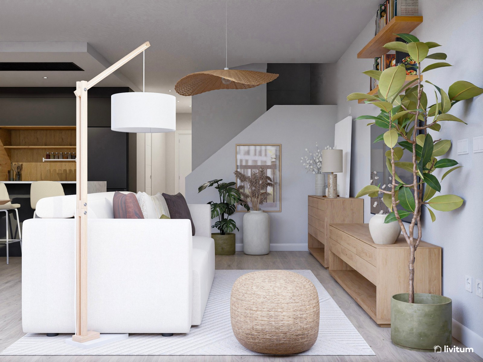 Salón comedor abierto con detalles en negro y terracota 