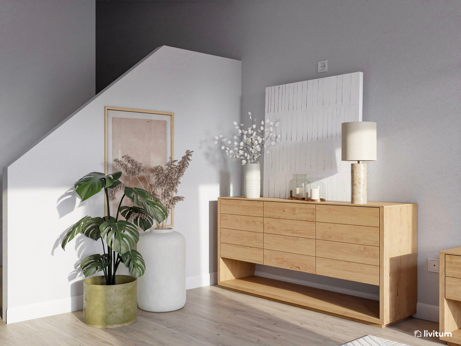 Salón comedor abierto con detalles en negro y terracota 