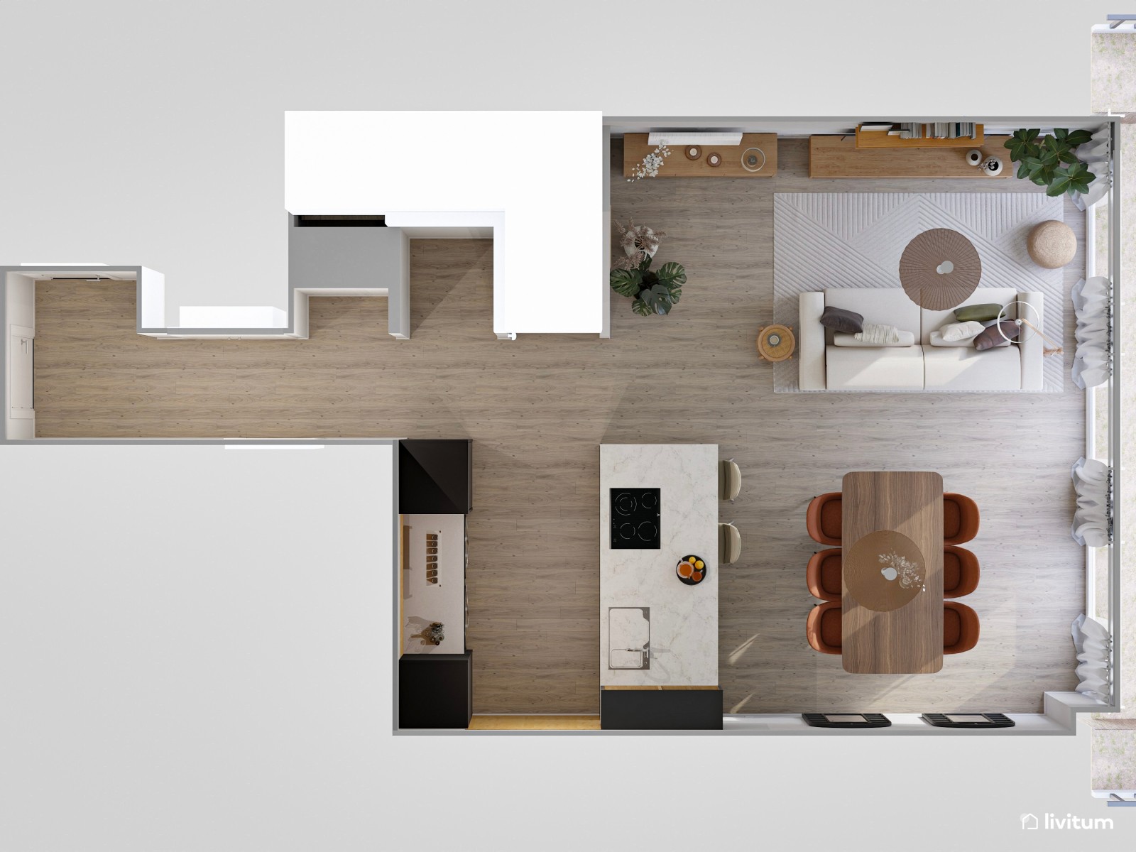 Salón comedor abierto con detalles en negro y terracota 