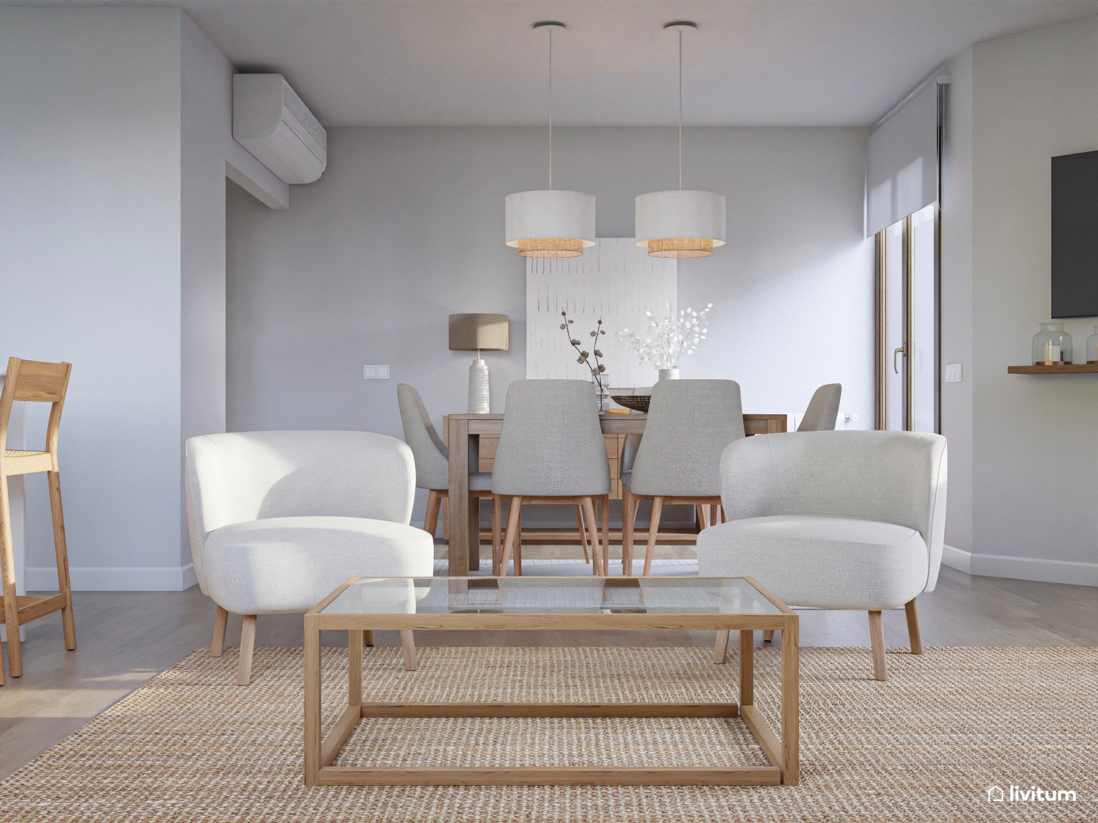 Salón comedor abierto con escritorio separado por listones