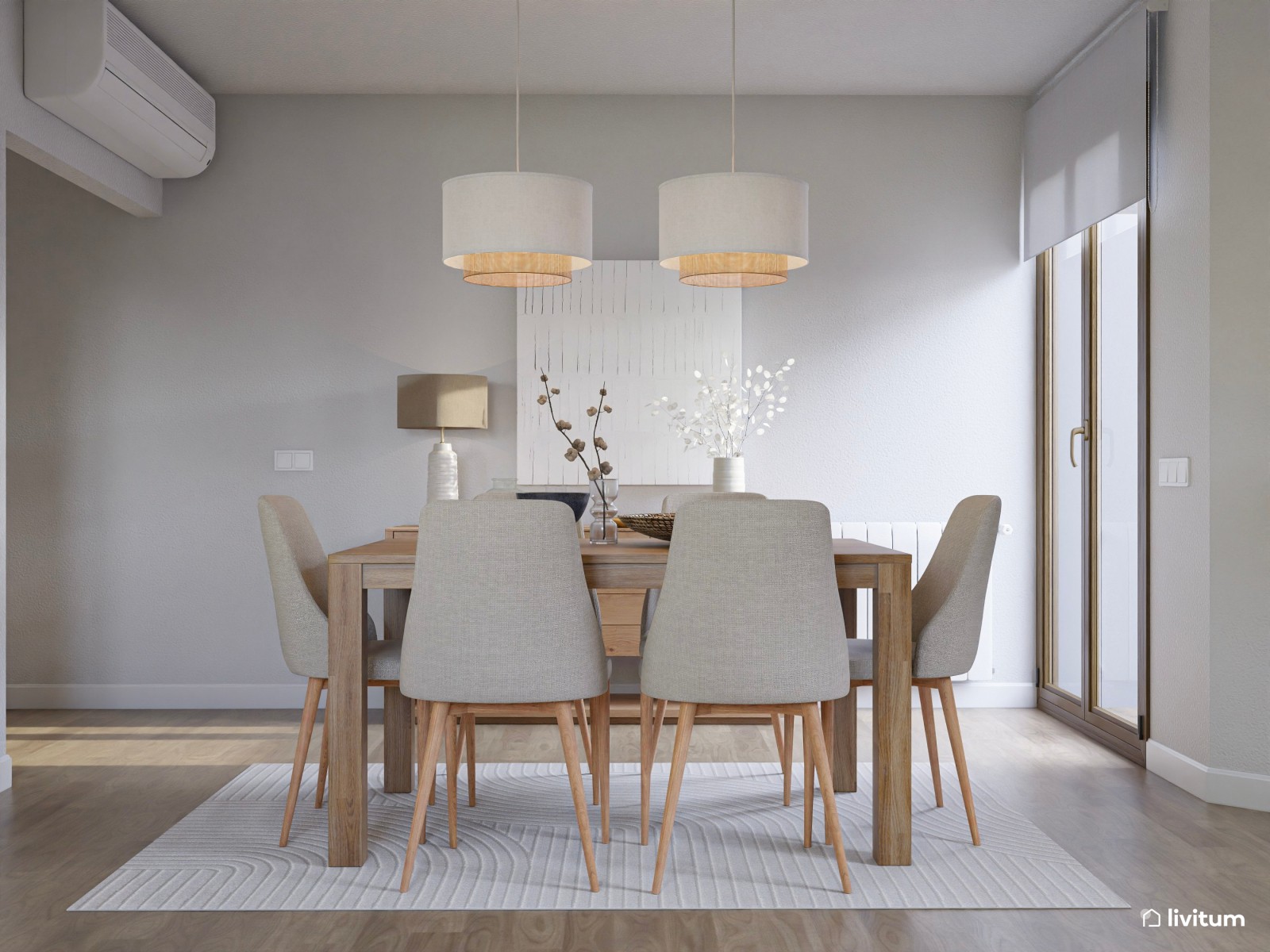 Salón comedor abierto con escritorio separado por listones