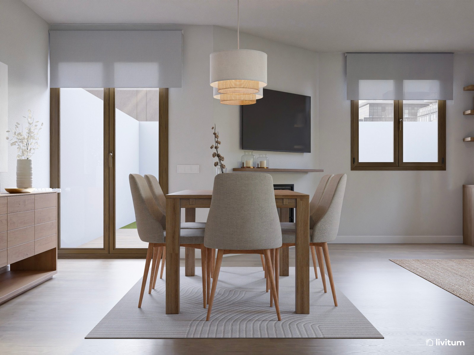 Salón comedor abierto con escritorio separado por listones