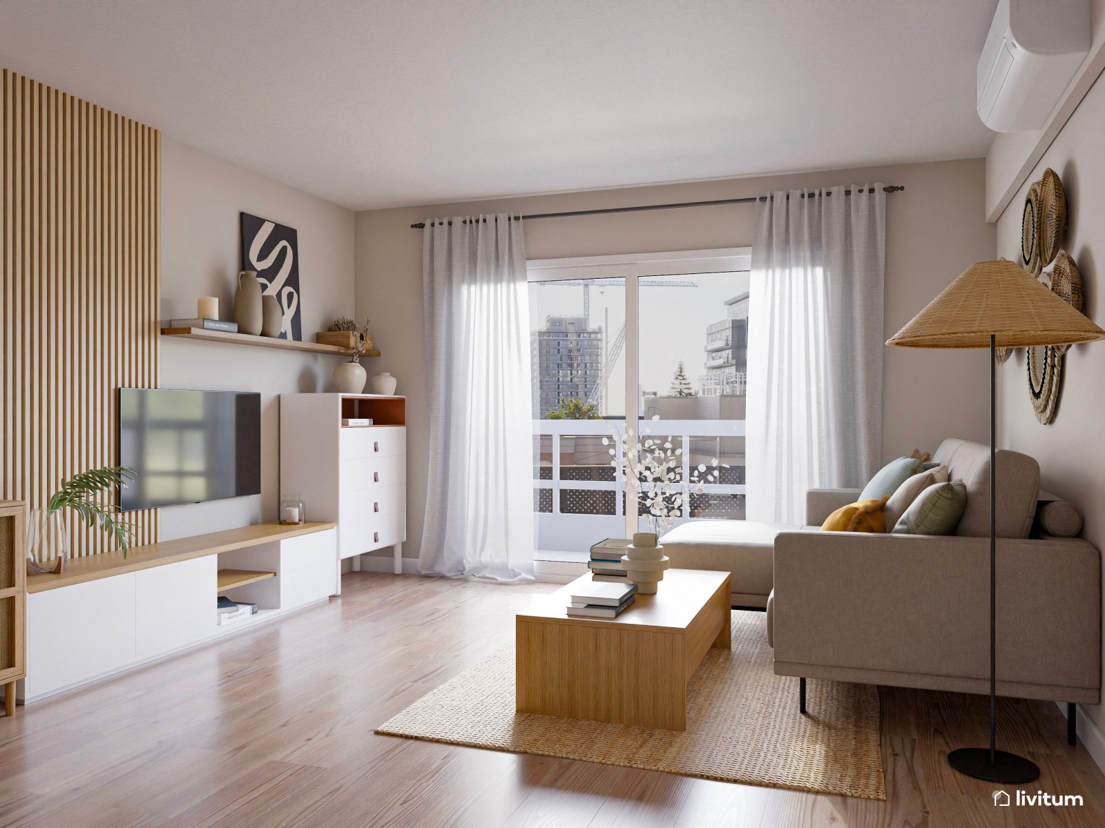 Salón comedor abierto con zona de trabajo y decoración boho