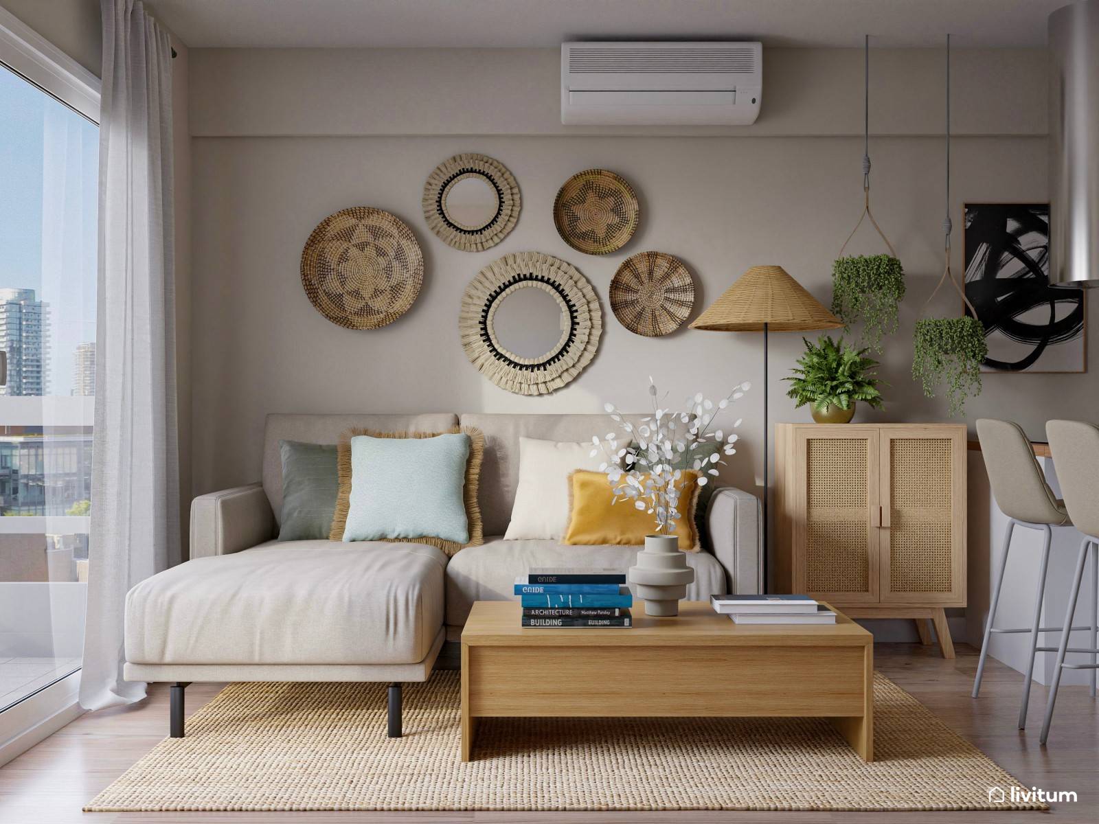 Salón comedor abierto con zona de trabajo y decoración boho