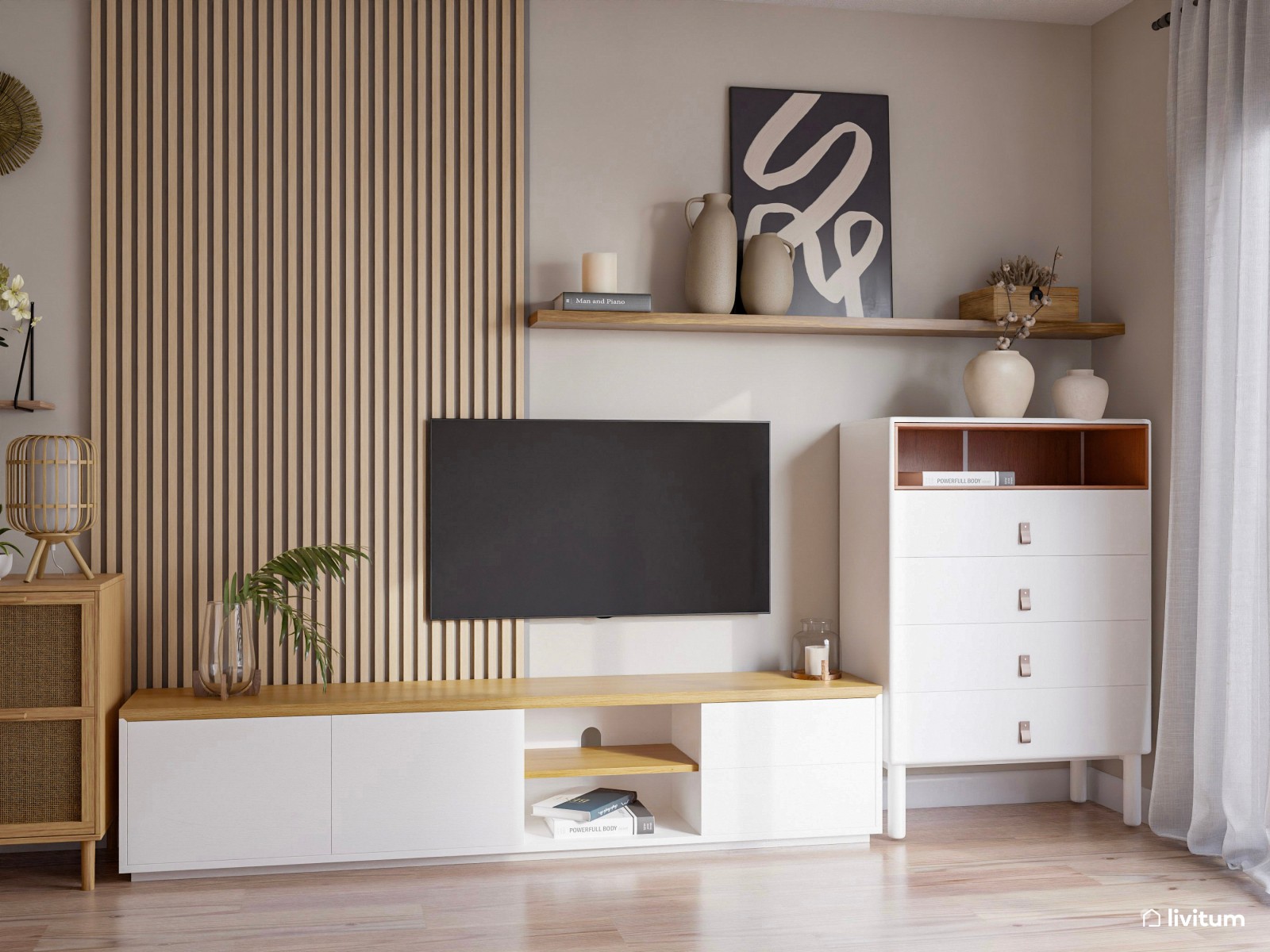 Salón comedor abierto con zona de trabajo y decoración boho