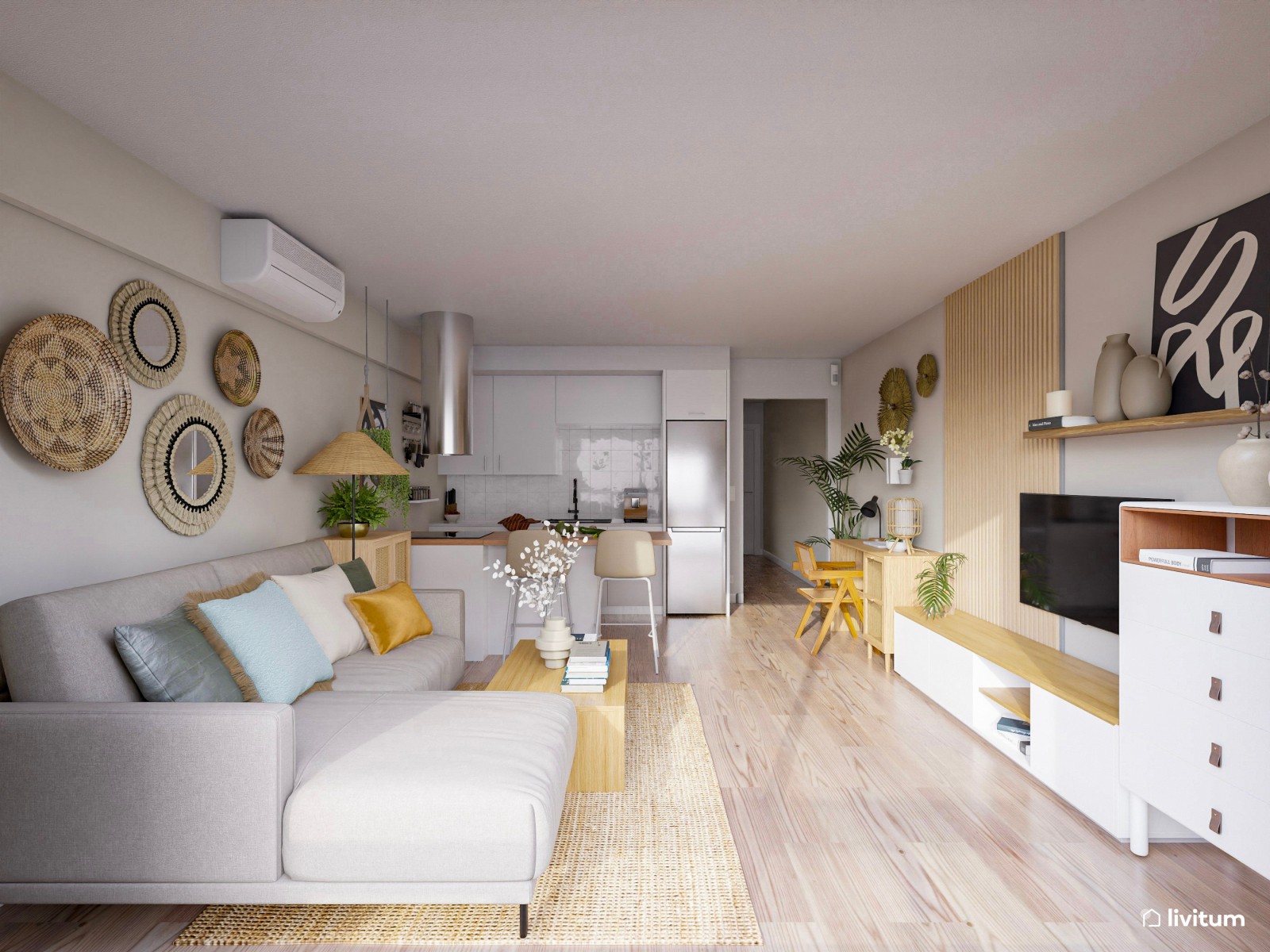 Salón comedor abierto con zona de trabajo y decoración boho