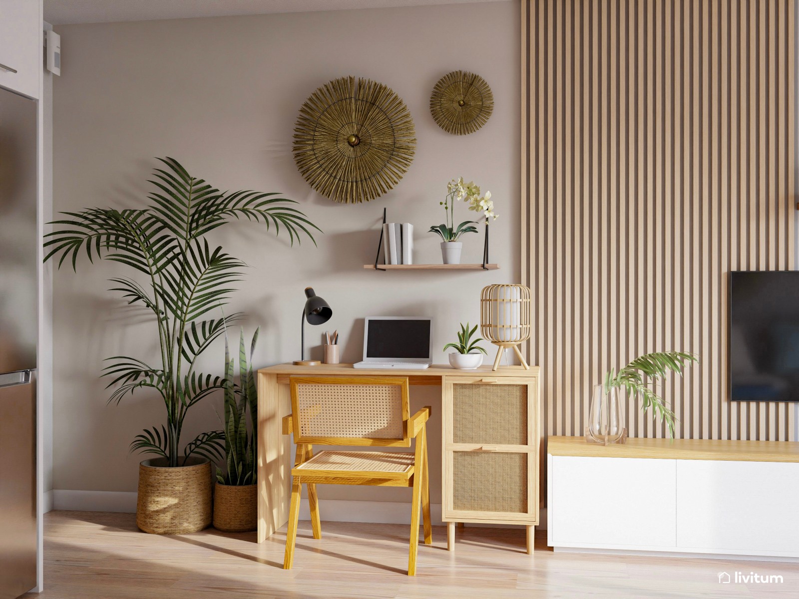 Salón comedor abierto con zona de trabajo y decoración boho