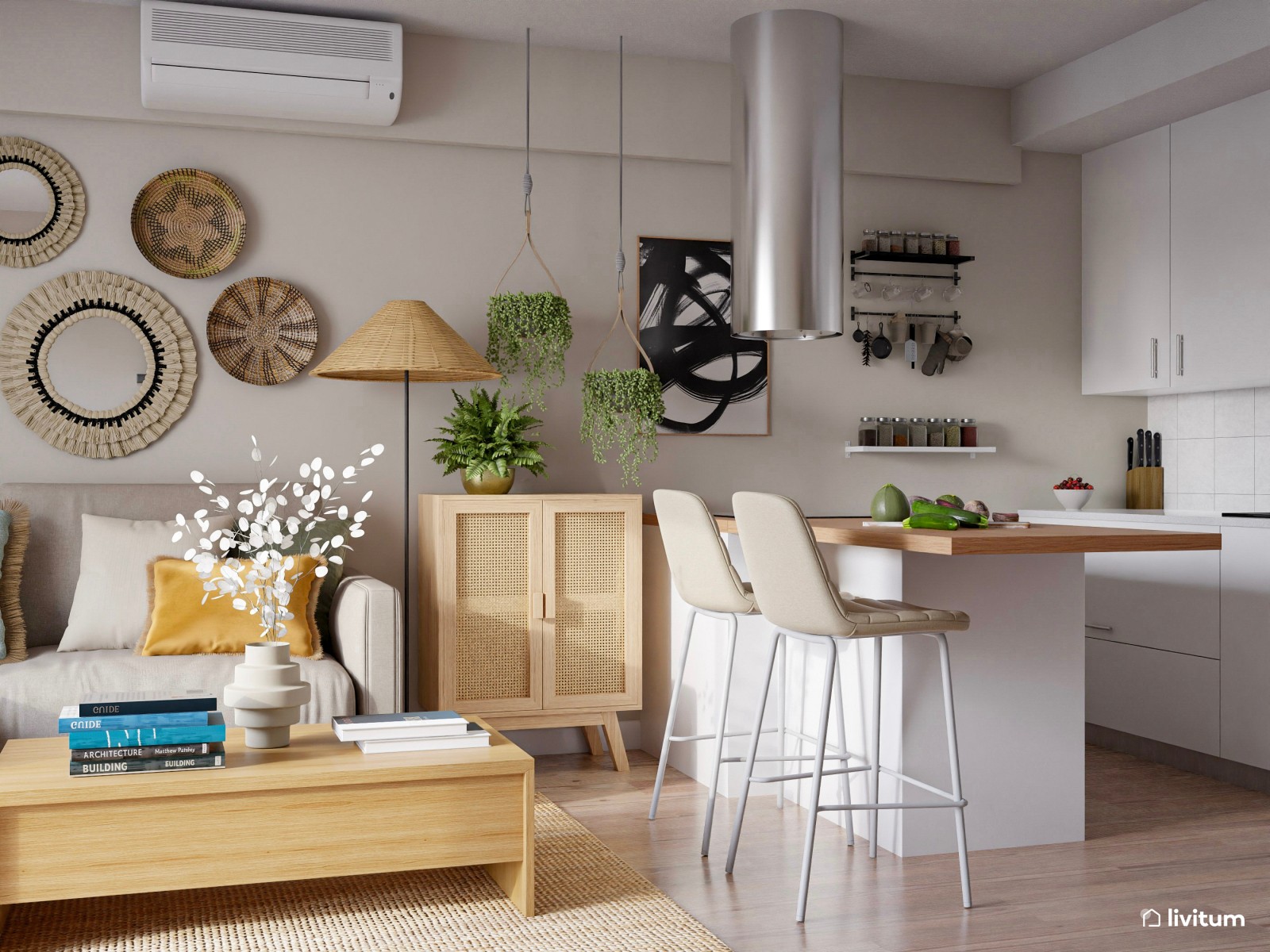 Salón comedor abierto con zona de trabajo y decoración boho