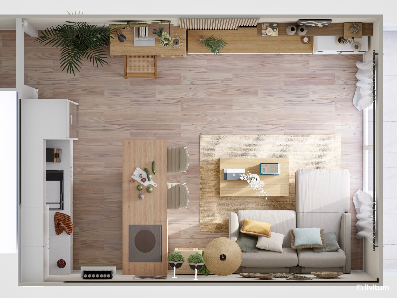 Salón comedor abierto con zona de trabajo y decoración boho