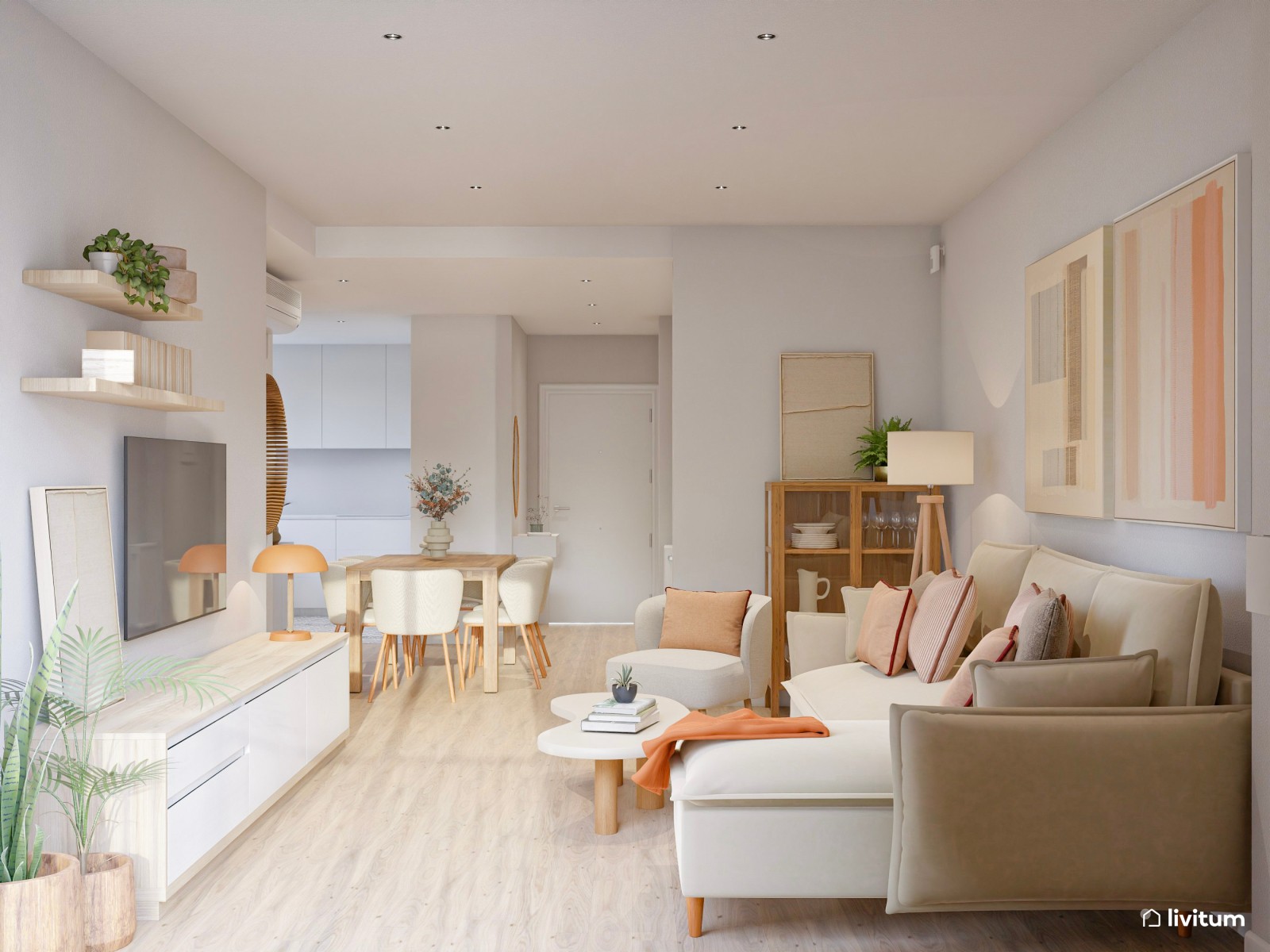 Salón comedor acogedor en madera y tonos cálidos 