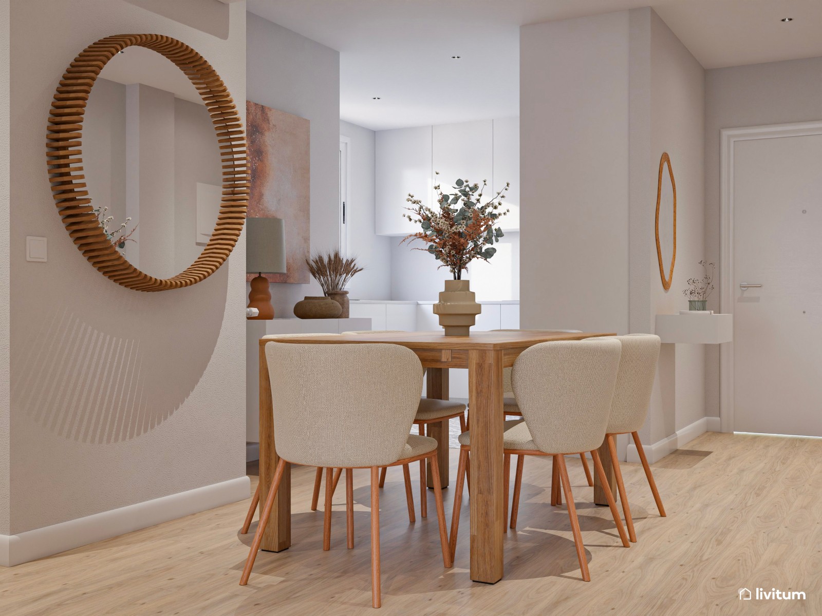 Salón comedor acogedor en madera y tonos cálidos 