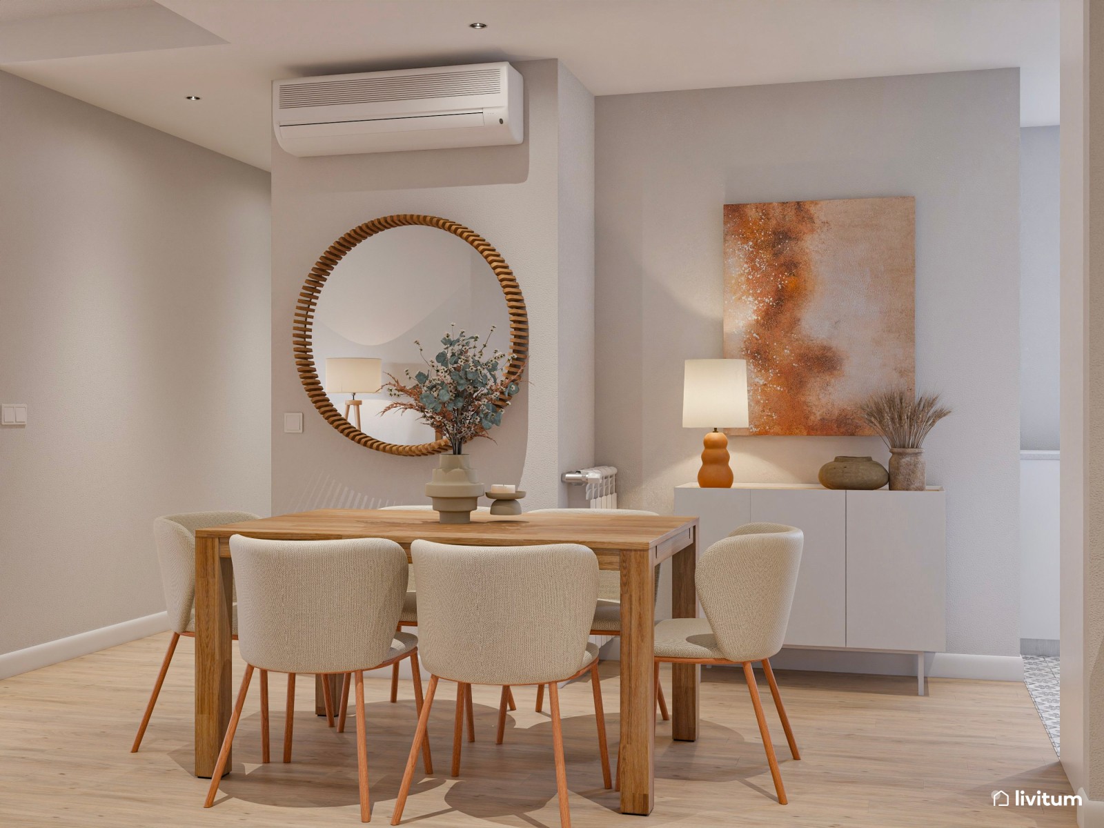 Salón comedor acogedor en madera y tonos cálidos 
