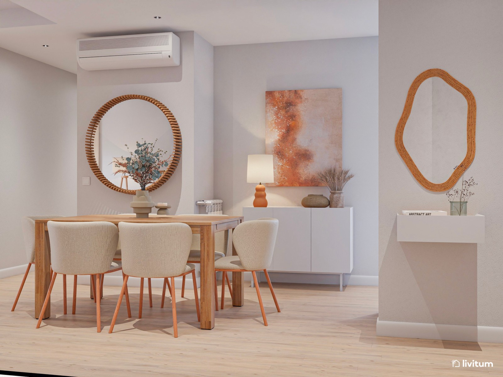 Salón comedor acogedor en madera y tonos cálidos 