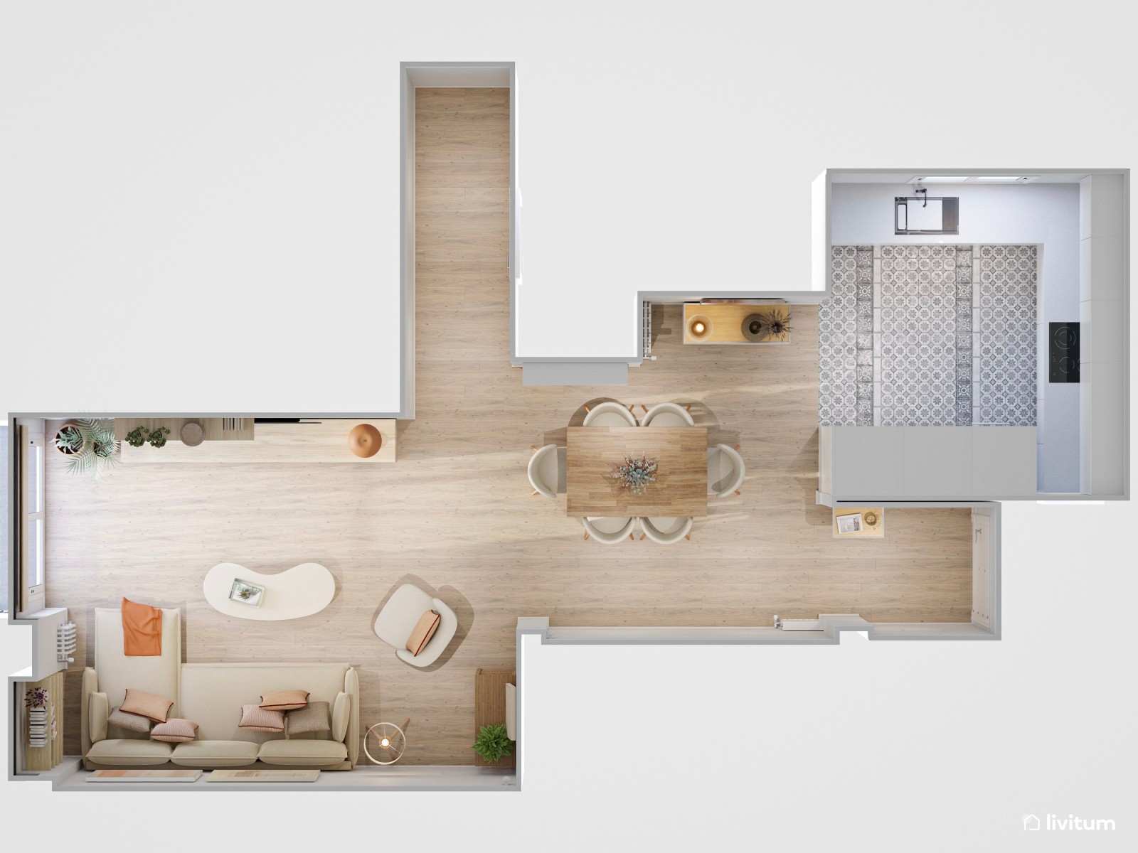 Salón comedor acogedor en madera y tonos cálidos 