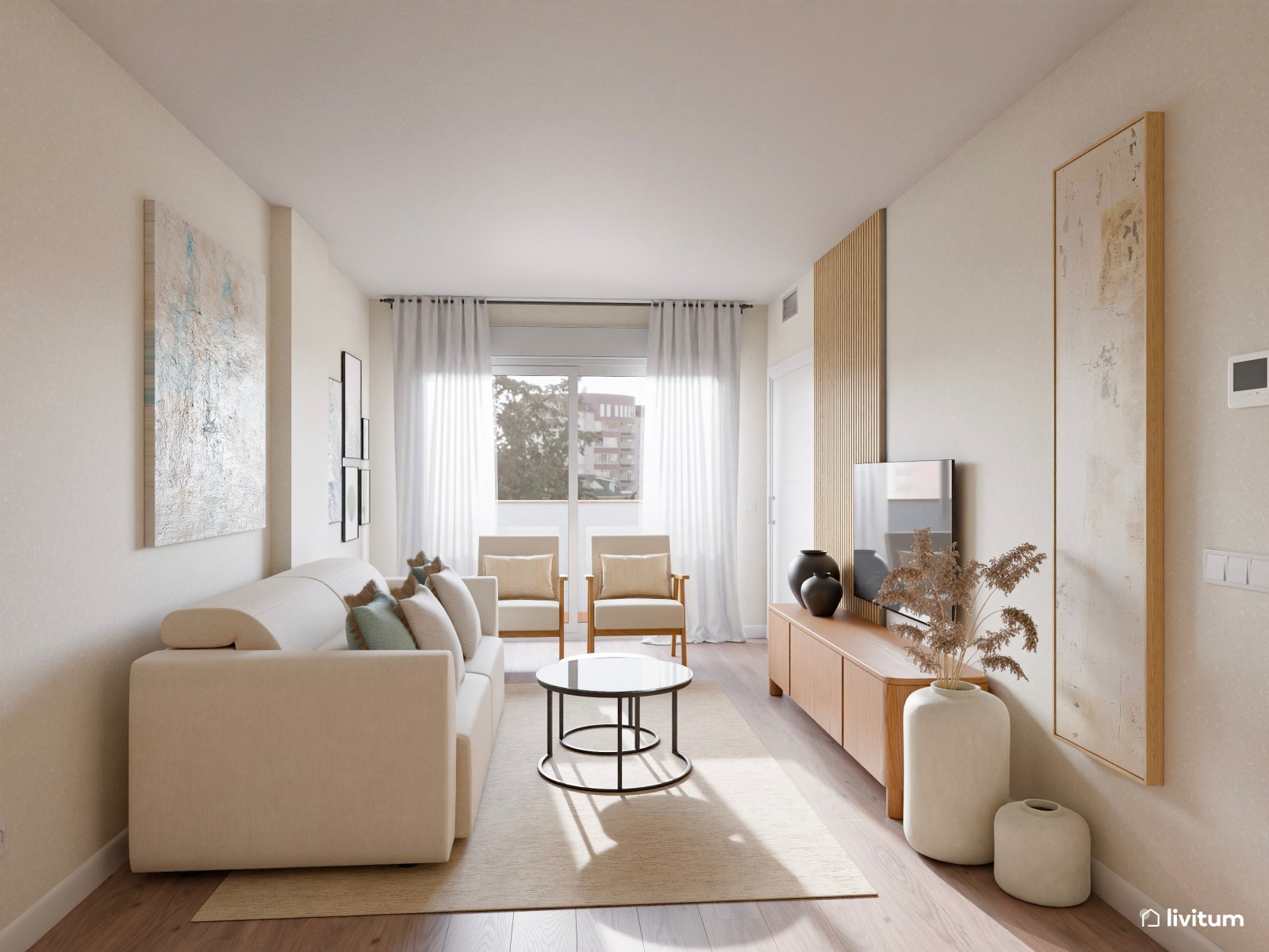 Salón comedor alargado de estilo nórdico con listones de madera