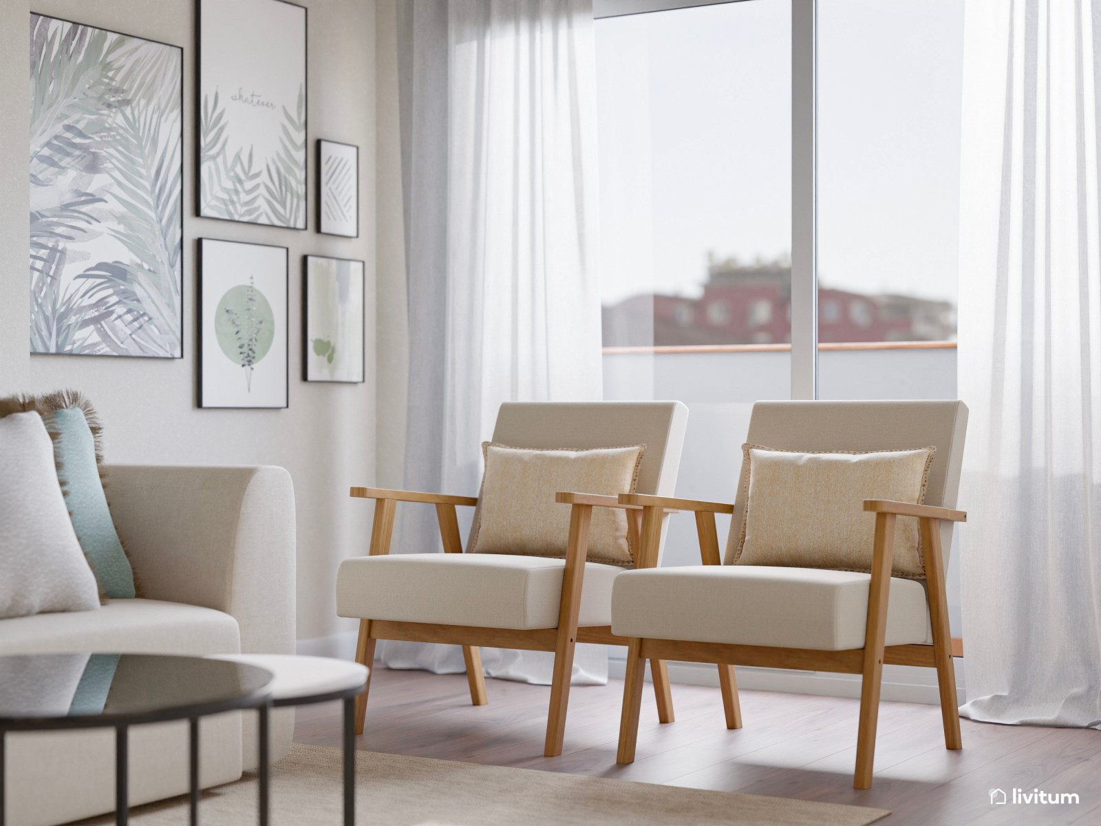 Salón comedor alargado de estilo nórdico con listones de madera