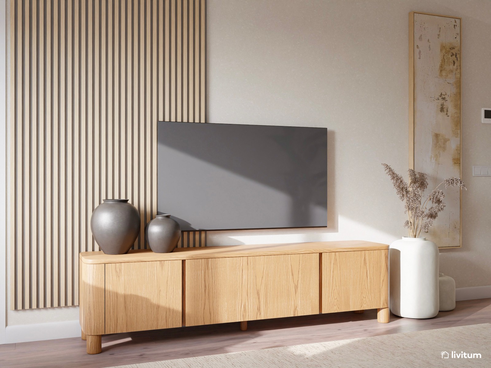 Salón comedor alargado de estilo nórdico con listones de madera