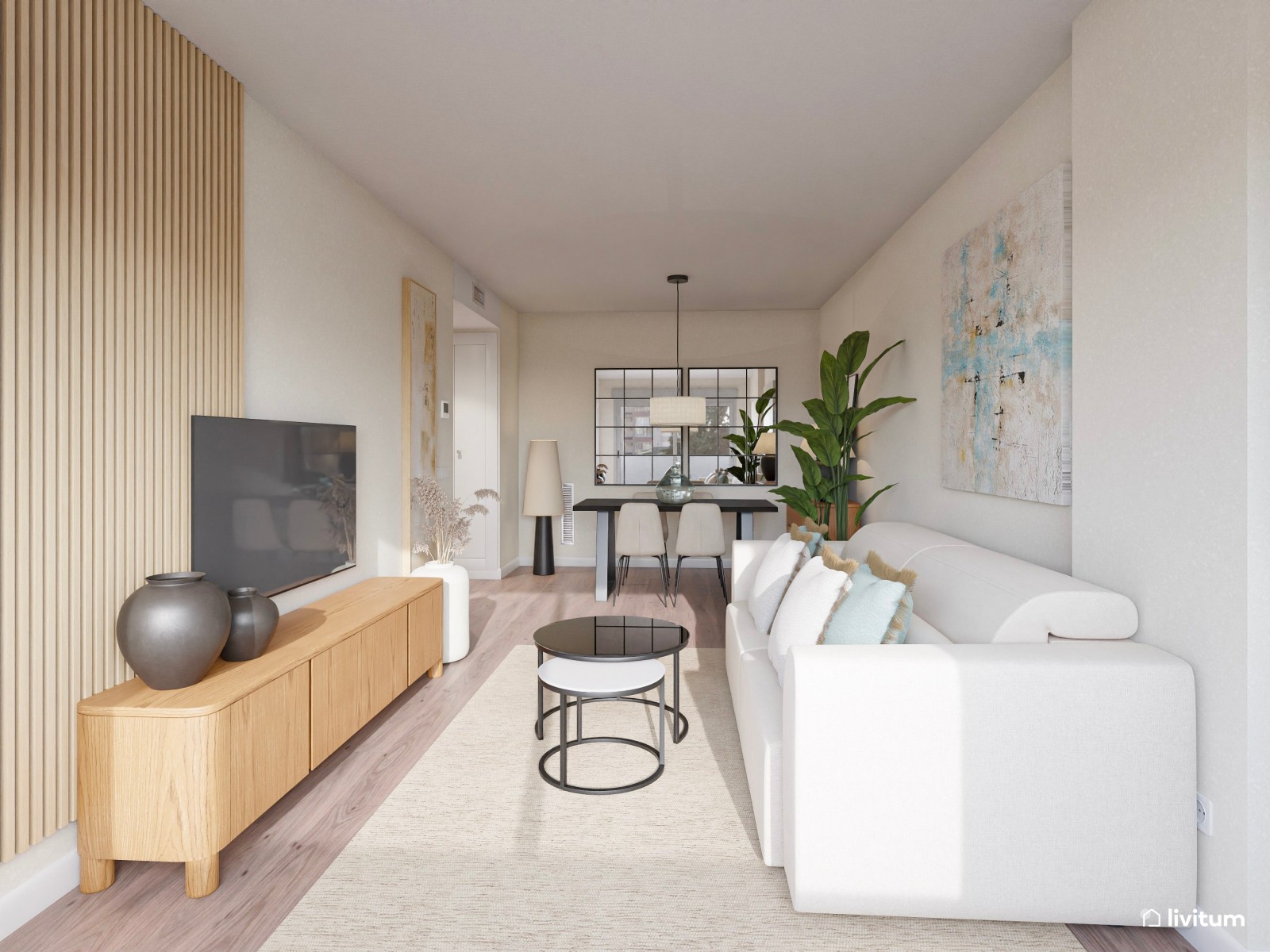 Salón comedor alargado de estilo nórdico con listones de madera