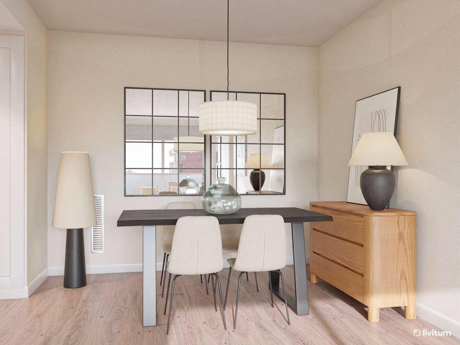 Salón comedor alargado de estilo nórdico con listones de madera