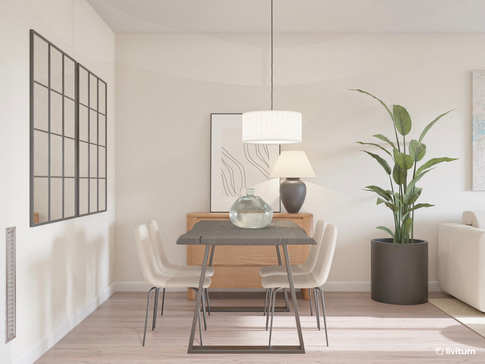 Salón comedor alargado de estilo nórdico con listones de madera