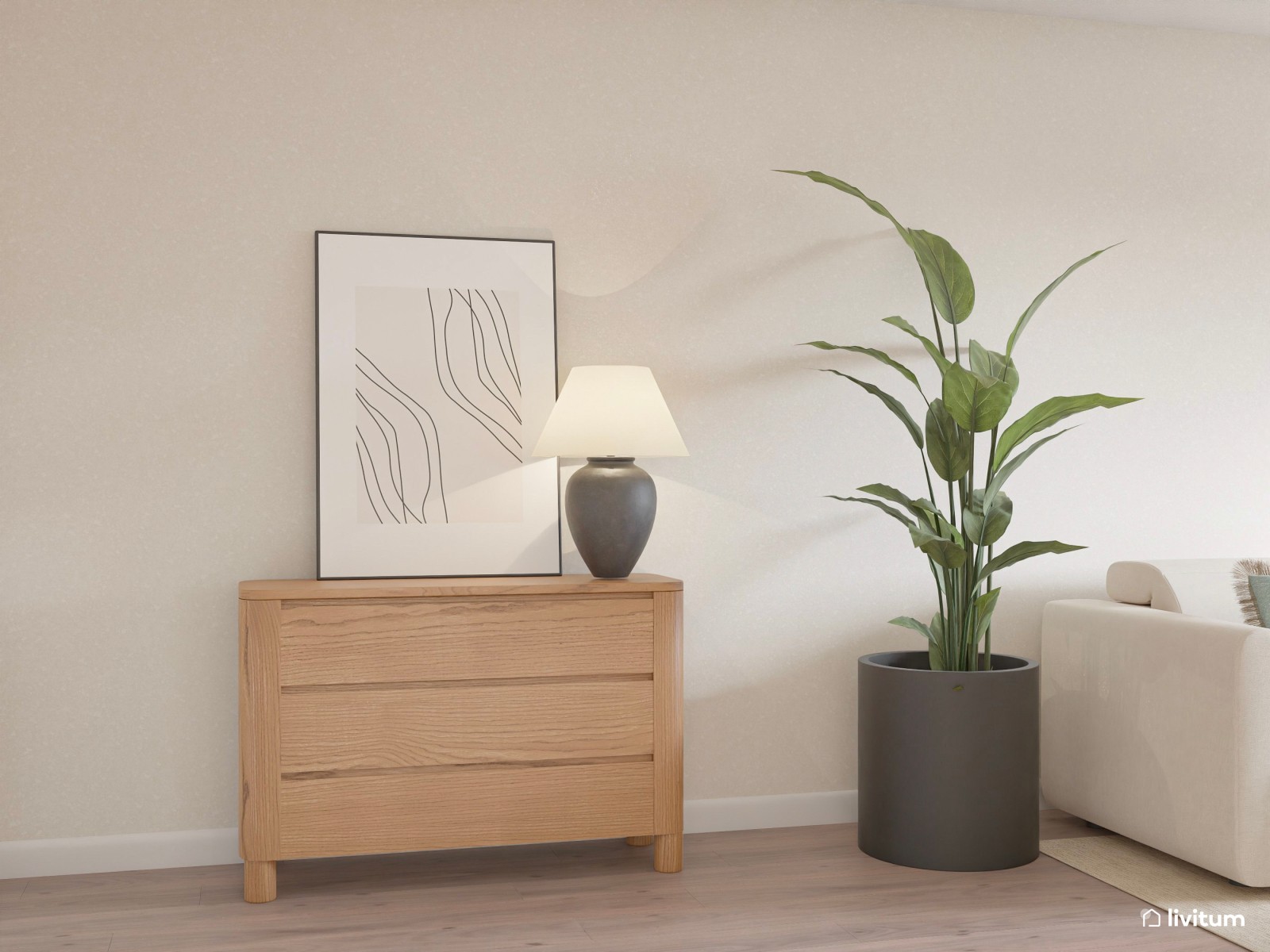 Salón comedor alargado de estilo nórdico con listones de madera