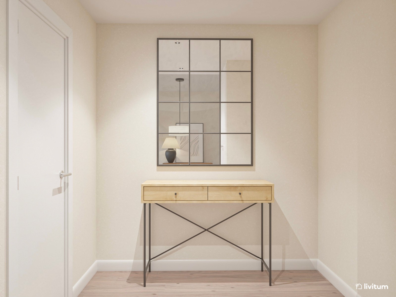 Salón comedor alargado de estilo nórdico con listones de madera