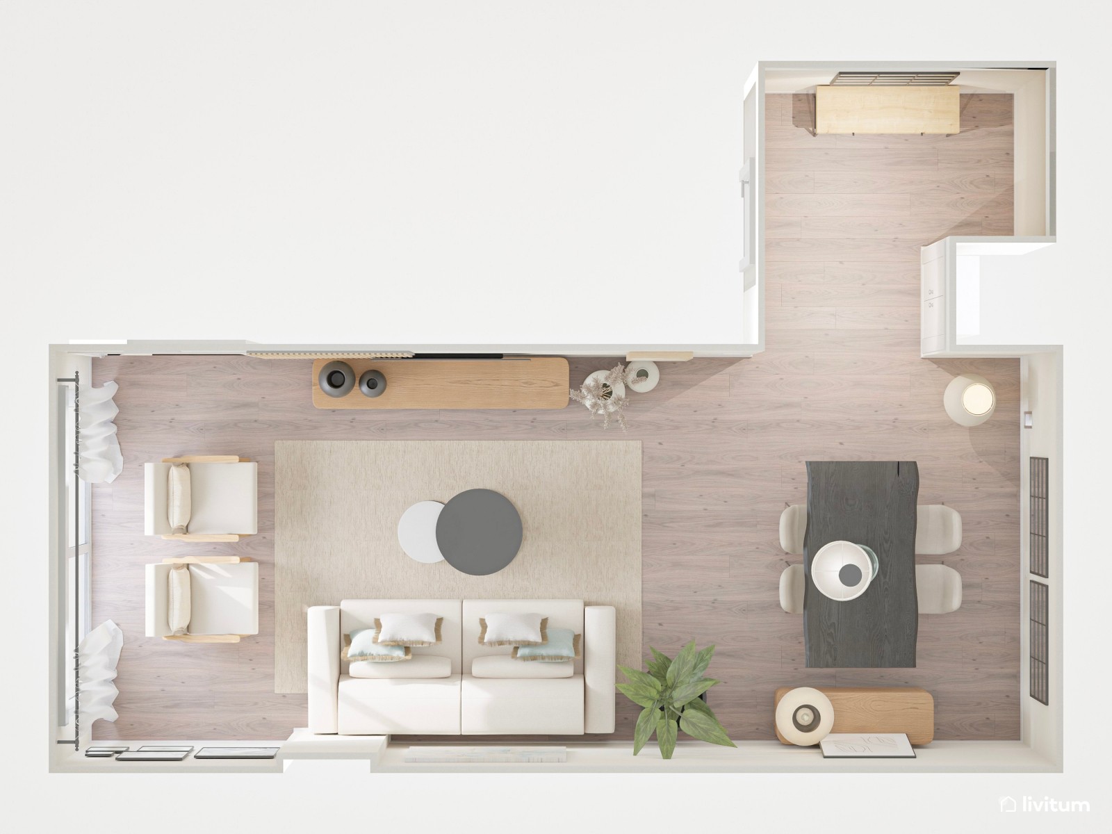 Salón comedor alargado de estilo nórdico con listones de madera