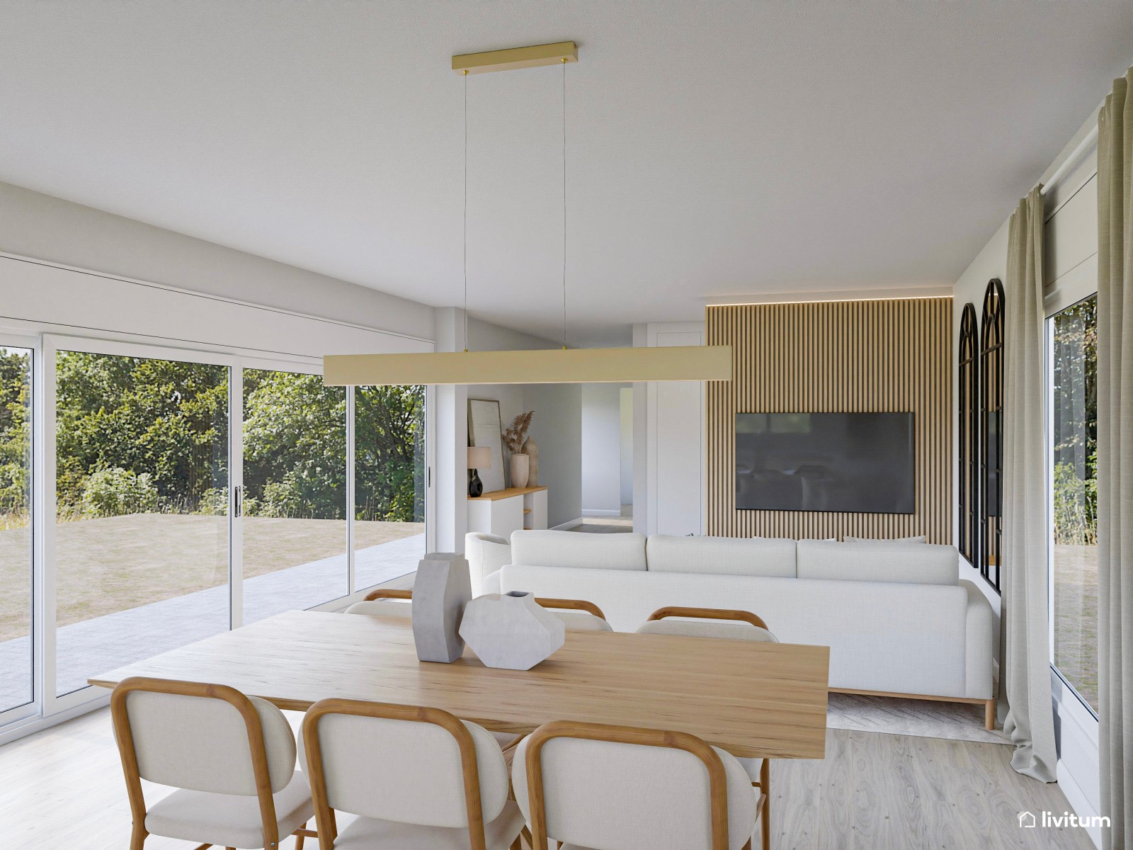 Salón comedor alargado, nórdico  y con grandes espejos de ventana