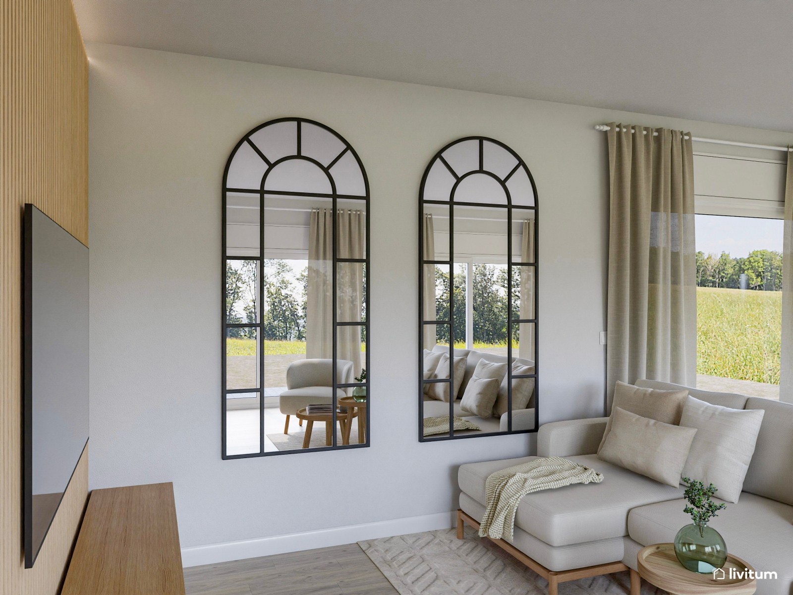 Salón comedor alargado, nórdico  y con grandes espejos de ventana