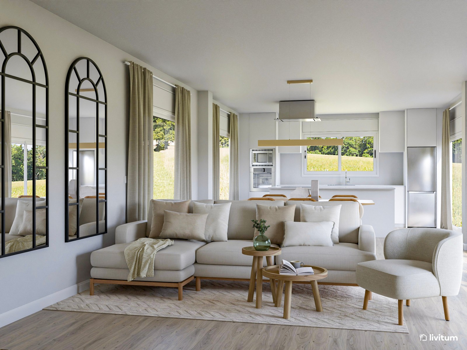 Salón comedor alargado, nórdico  y con grandes espejos de ventana
