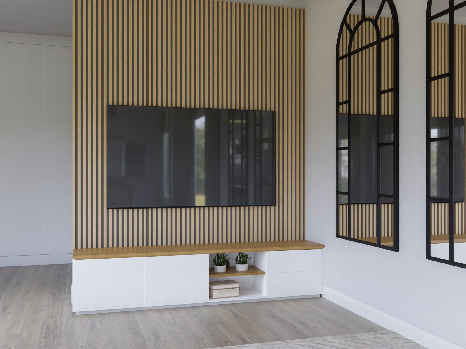 Salón comedor alargado, nórdico  y con grandes espejos de ventana
