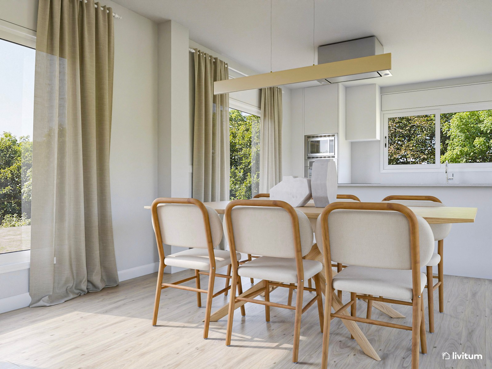 Salón comedor alargado, nórdico  y con grandes espejos de ventana