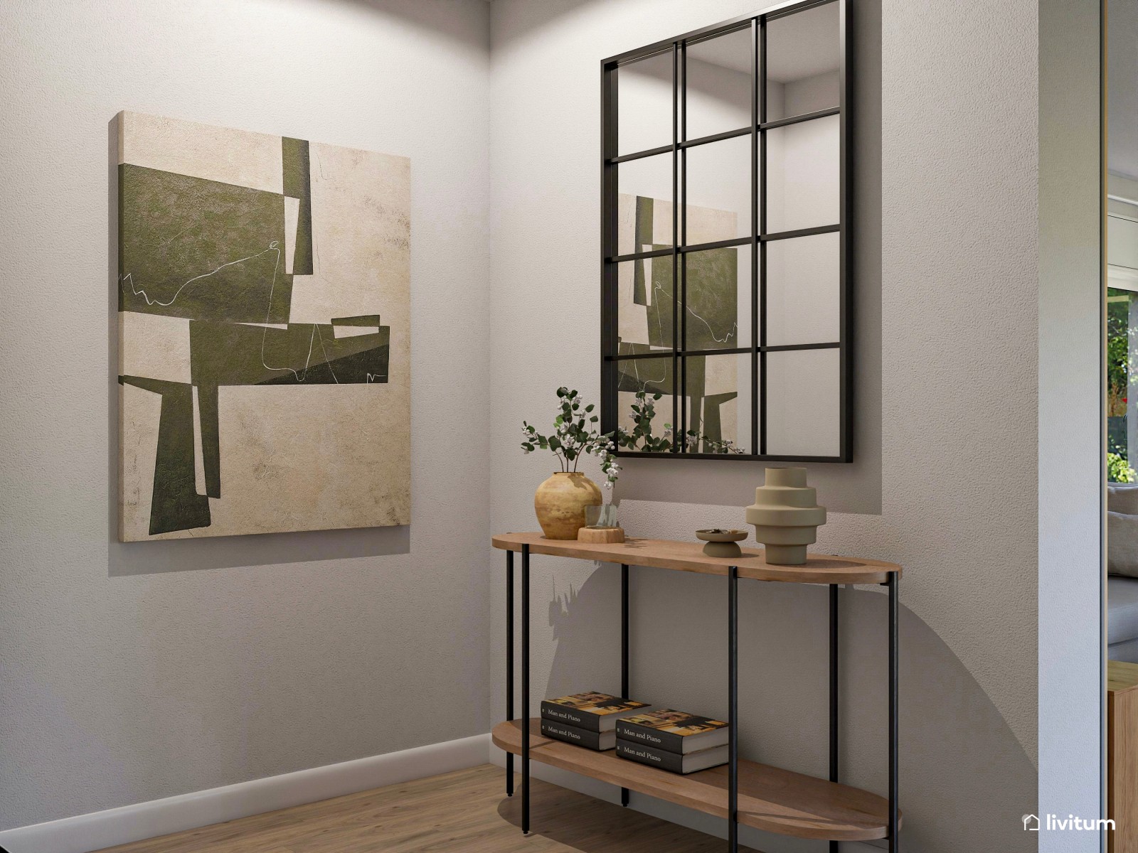 Salón comedor alargado, nórdico  y con grandes espejos de ventana