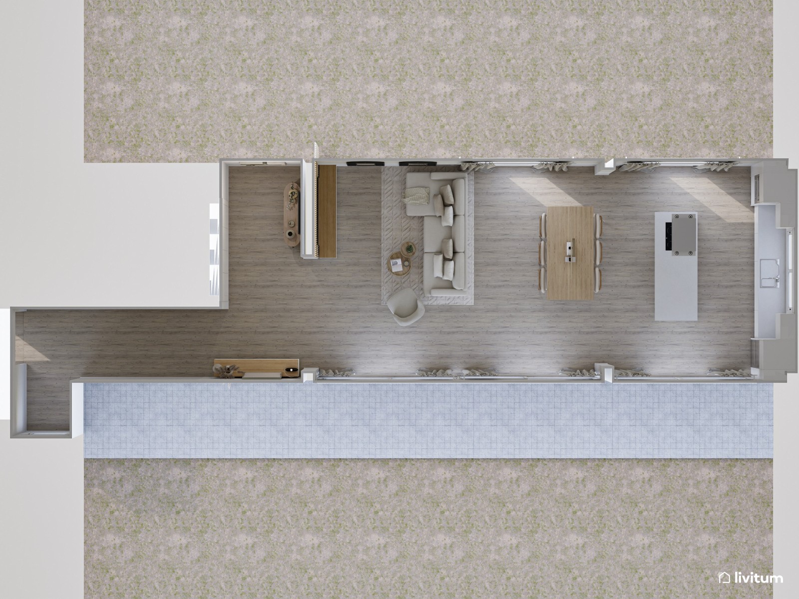 Salón comedor alargado, nórdico  y con grandes espejos de ventana