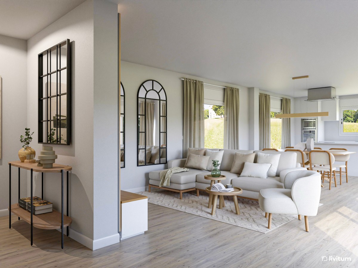 Salón comedor alargado, nórdico  y con grandes espejos de ventana