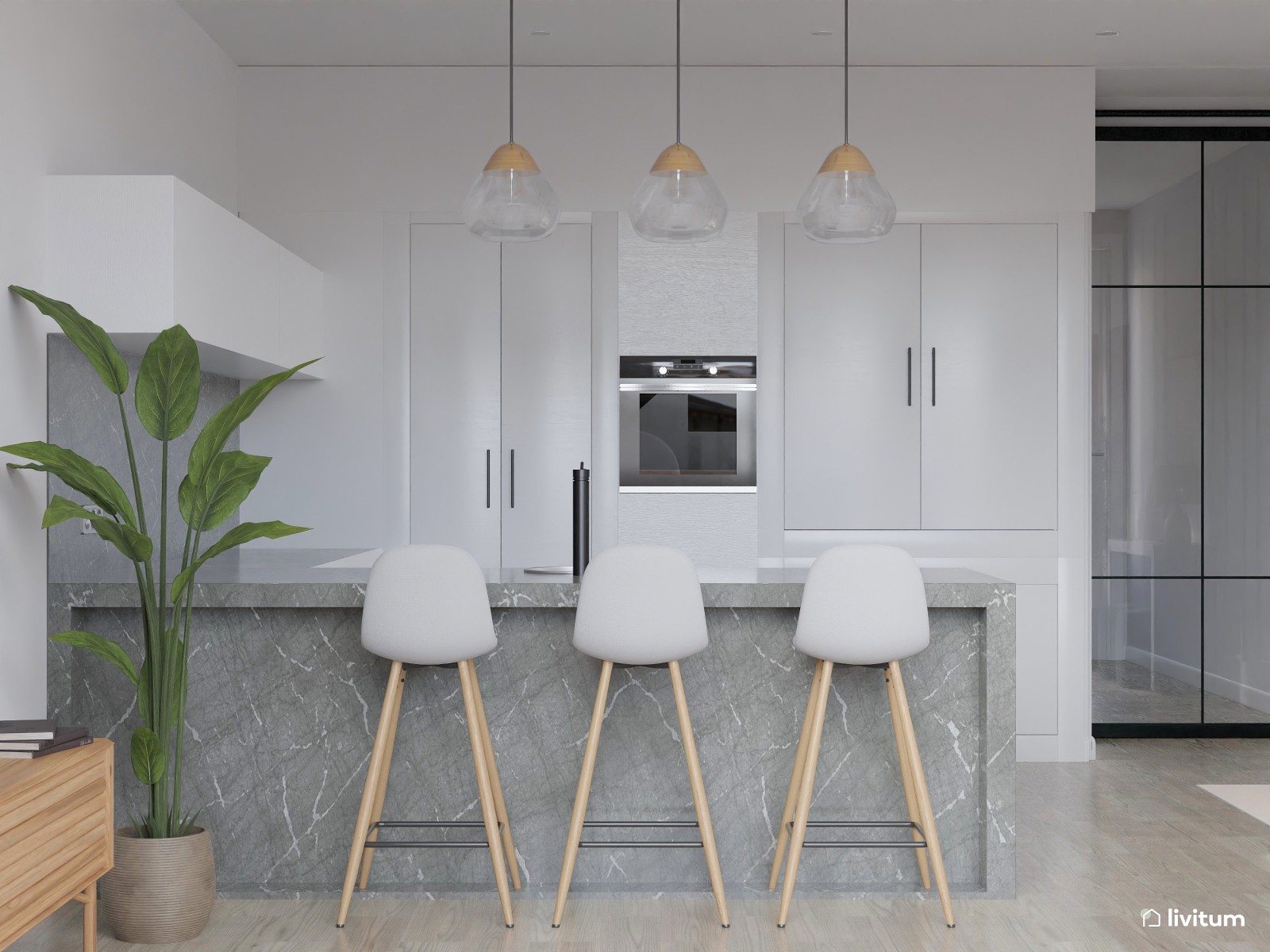 Salón comedor amplio y moderno con cocina abierta y toques bohemios