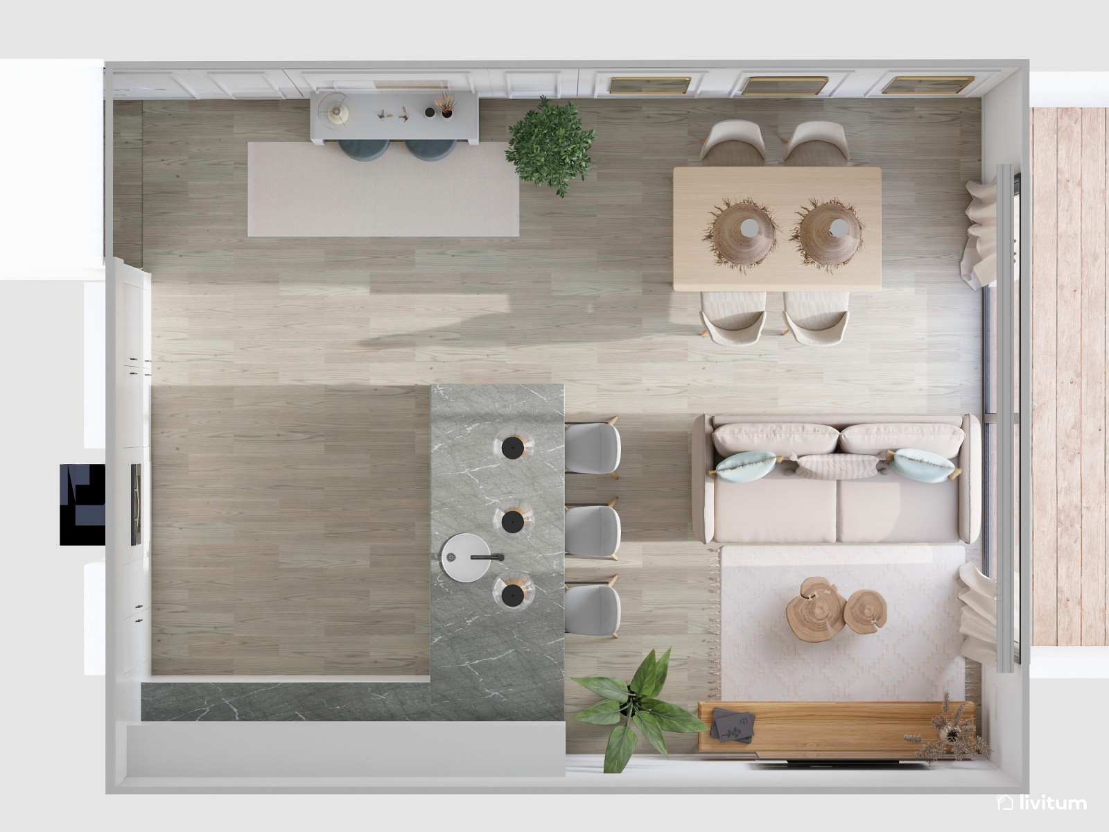 Salón comedor amplio y moderno con cocina abierta y toques bohemios
