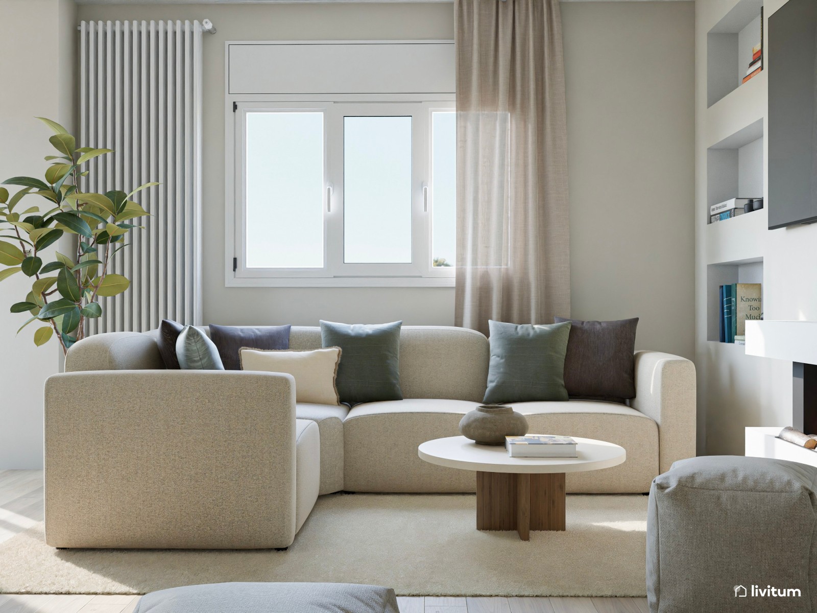 Salón comedor beige con detalles cálidos en gris y madera